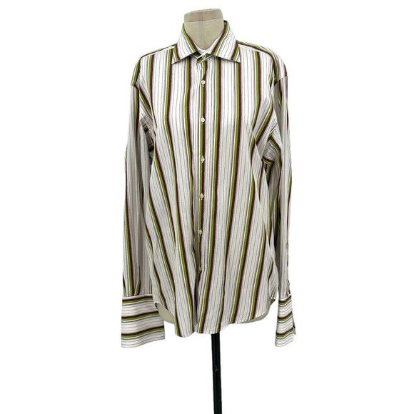 Etro Men's Button Down Shirt White Lime Green Maroon‎ Pinstripe Size 39 - Picture 1 of 6